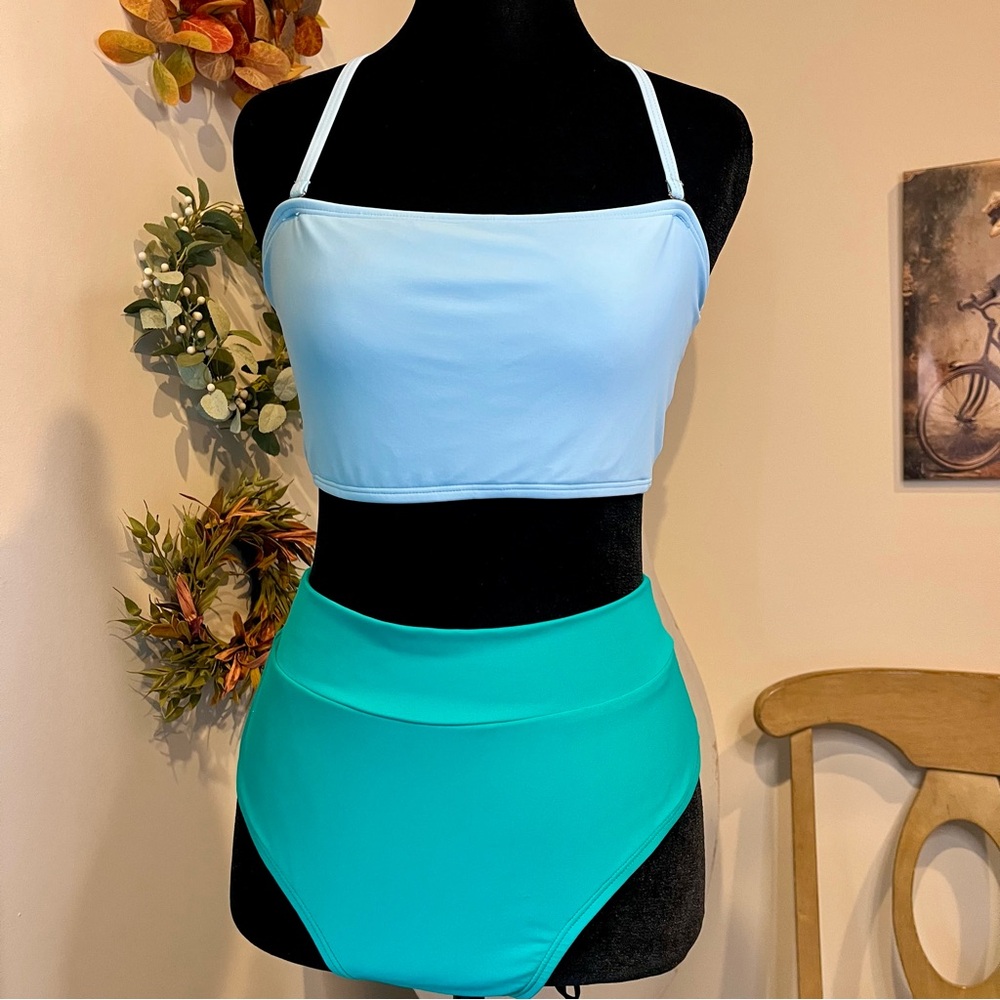 Two Piece Colorblock High Waisted Bikini Set – Aqua & Sky Blue Med. NWOT